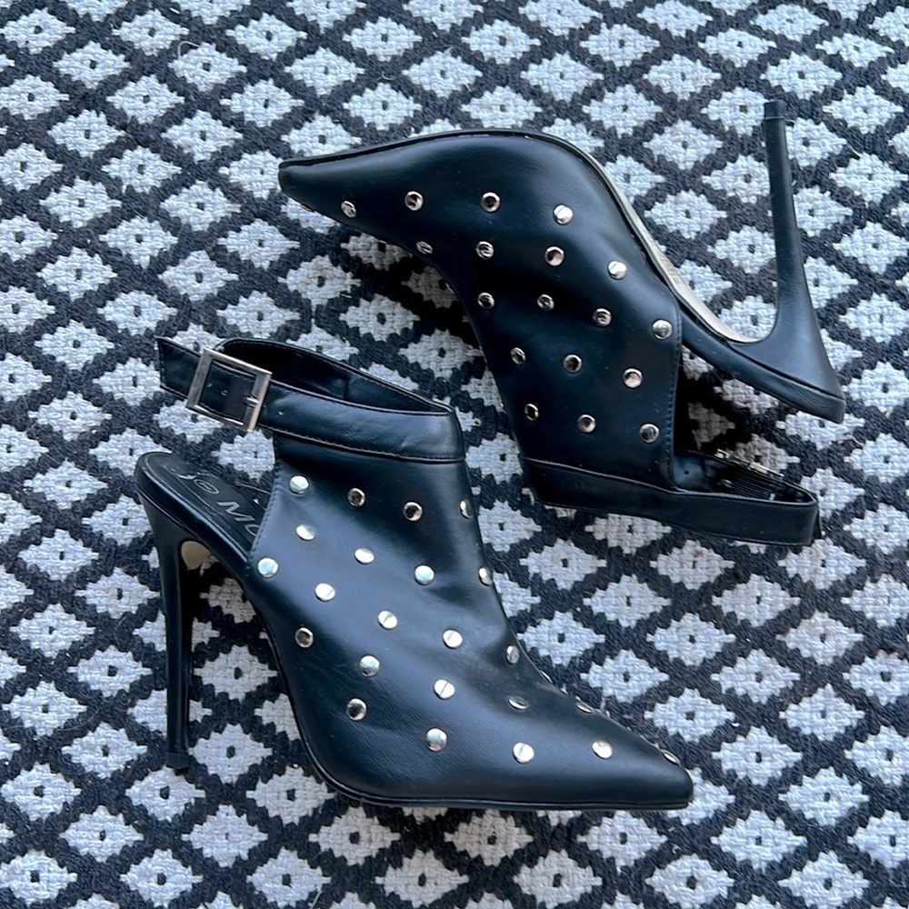 M068 black silver studded stiletto open heel boots